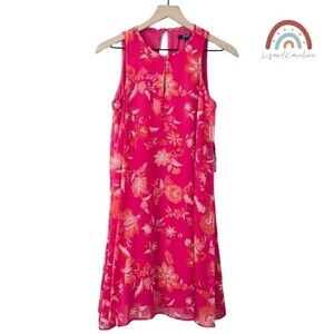 New! Chaps Trapeze Hibiscus Floral Sleeveless Sundress Pink Orange Summer Dress
